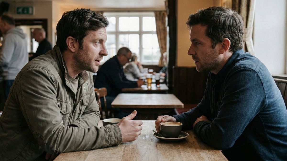 Two men sitting at a table in a quiet British pub, having a serious and supportive face-to-face conversation.
