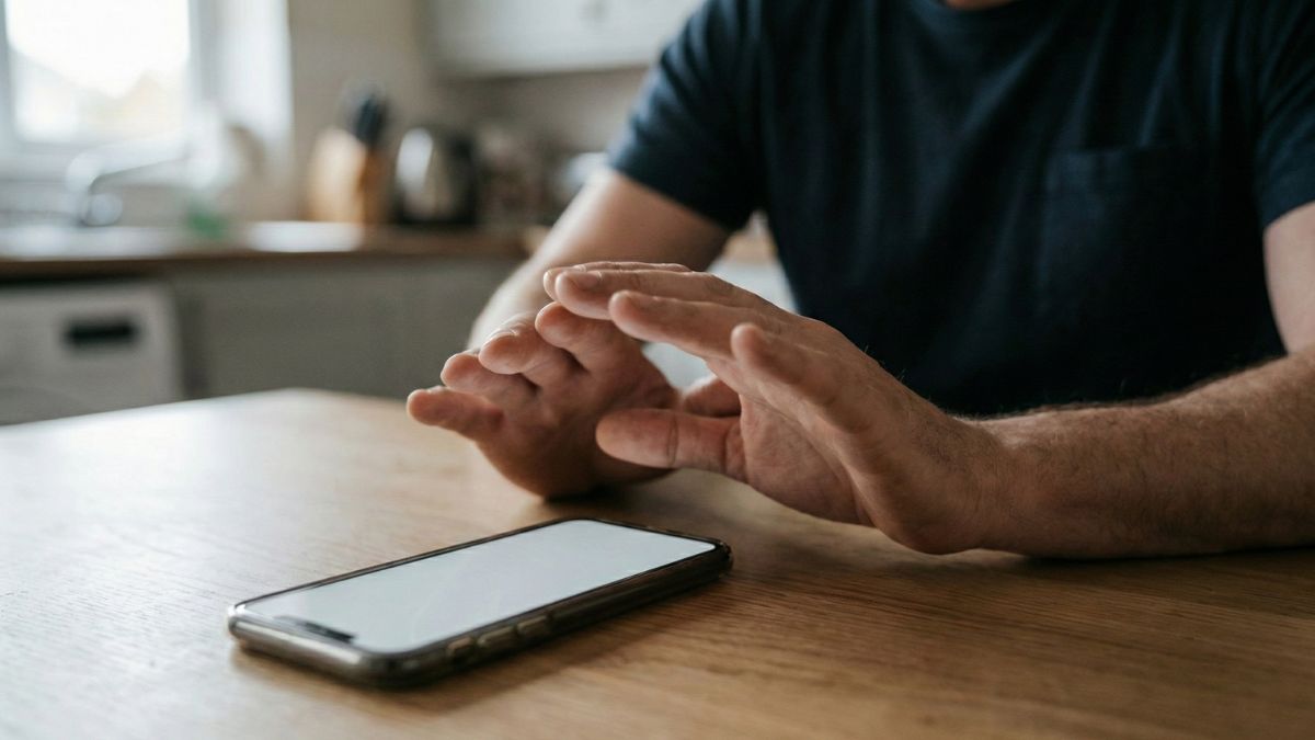 Close-up of a man's hands on a wooden table firmly pushing a smartphone away, symbolizing the choice to break an addiction.