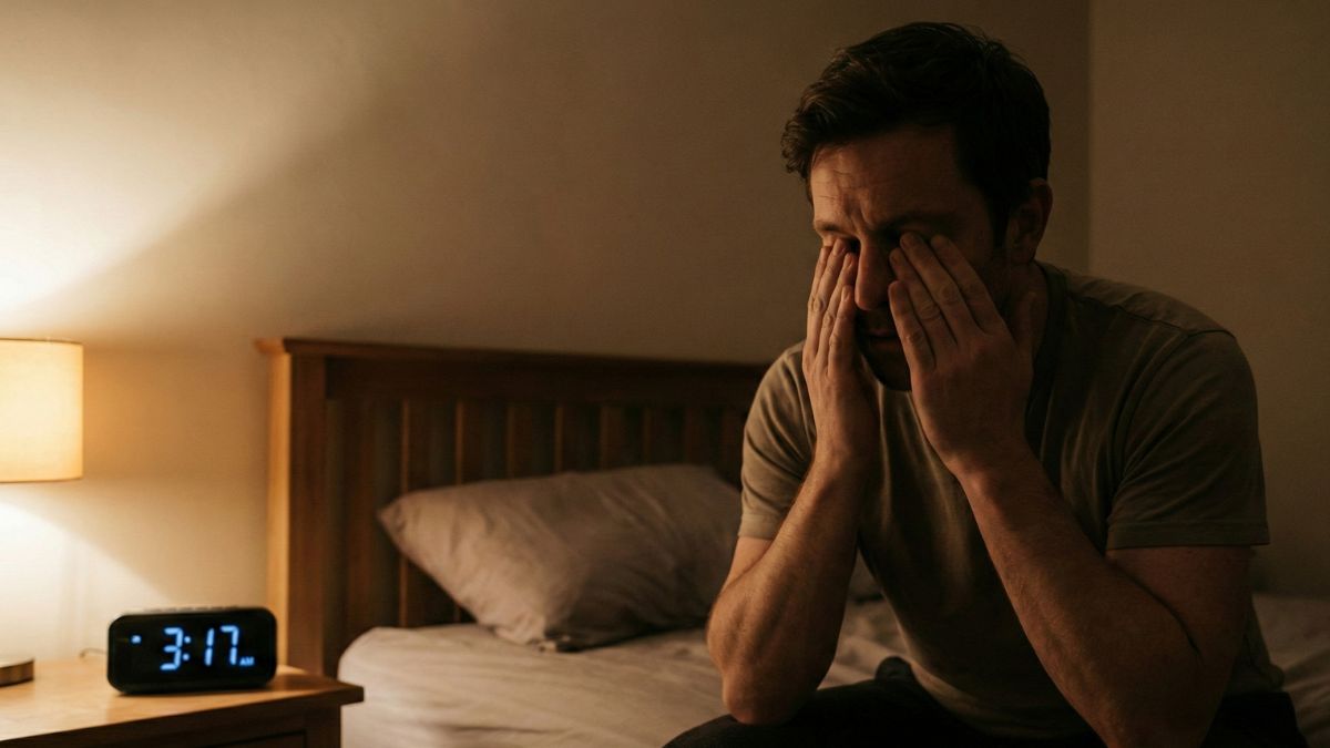 A tired man sitting on the edge of his bed in the dark at 3:17 AM, rubbing his eyes in frustration due to insomnia.