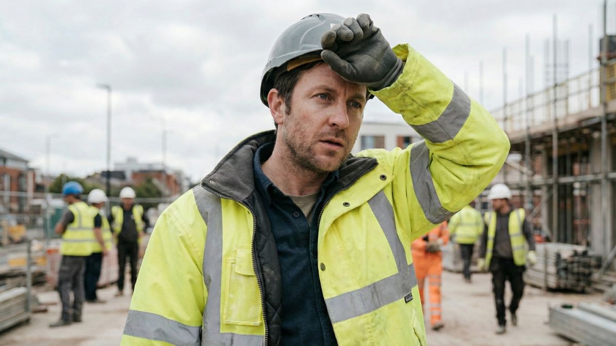 A construction worker in a high-vis jacket wiping sweat from his forehead, looking stressed and exhausted on a building site.
