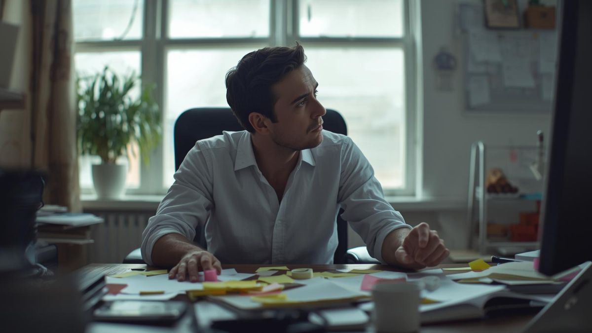 A man sitting at a desk struggling to focus on work tasks.
