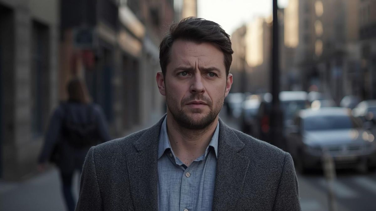 A man looking suspicious and worried while walking outside.