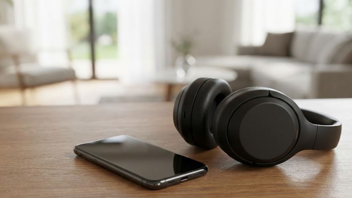 Headphones and a smartphone representing access to meditation apps and online therapy tools.