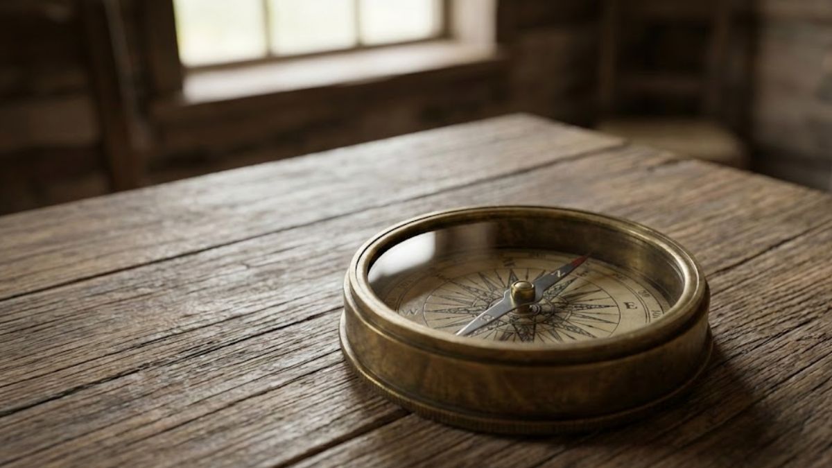 A brass compass on a wooden table representing mental focus and direction.