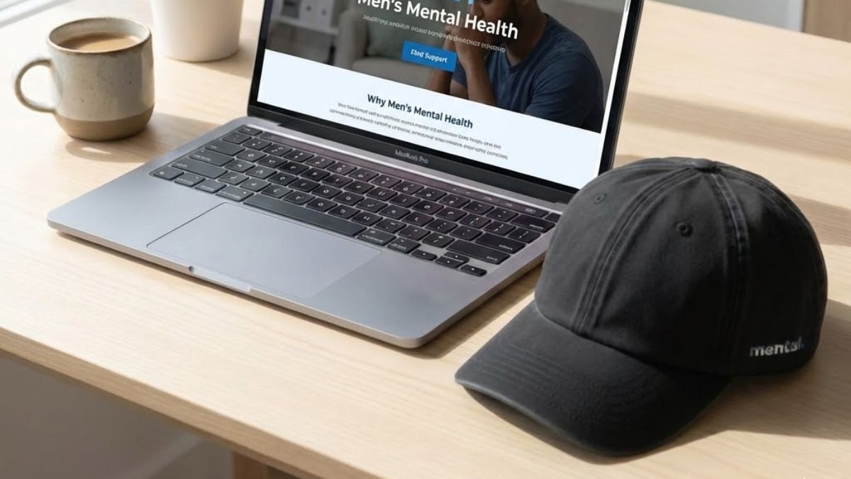 Building the MMH Platform A workspace featuring a laptop displaying the MMH website and a black 'mental.' baseball cap, representing the years of work and personal investment put into building a free mental health directory.