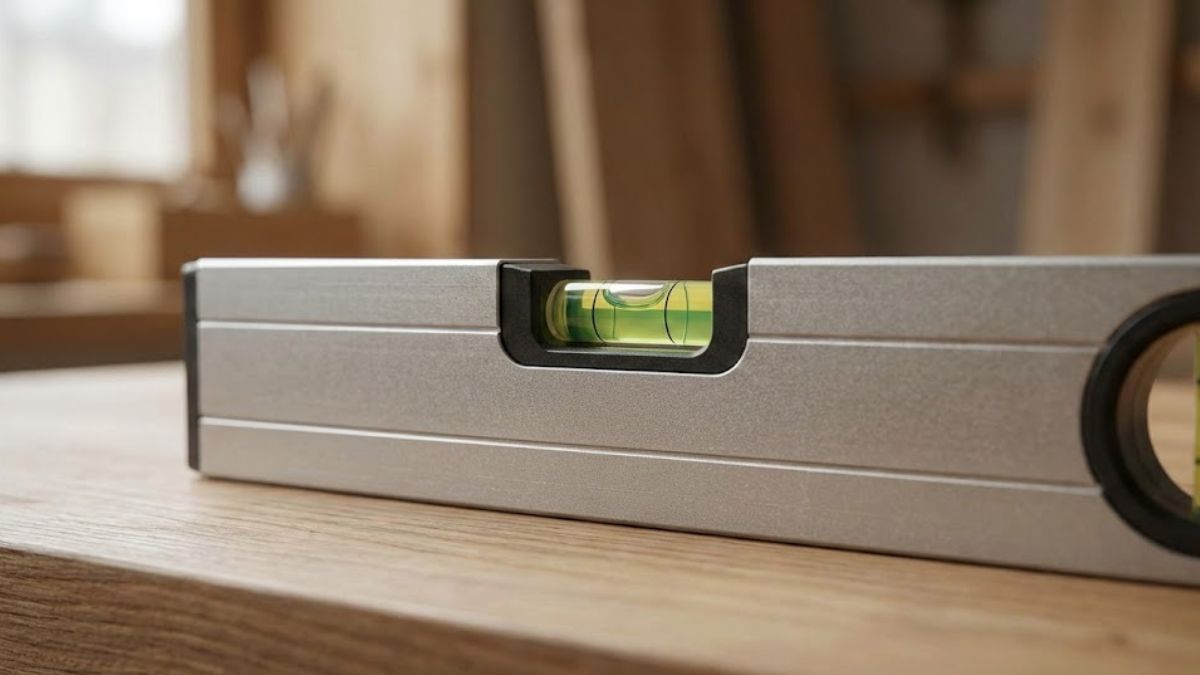 A yellow spirit level sitting on wood with the bubble centered, symbolizing balanced mental health.