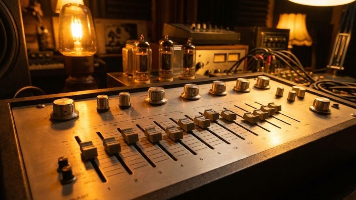 A sound mixing desk with sliders in a balanced position, representing the regulation of mood and neurotransmitters.