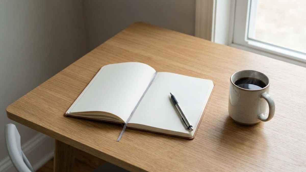 A notebook and coffee on a desk representing a calm, mindful start to the day.