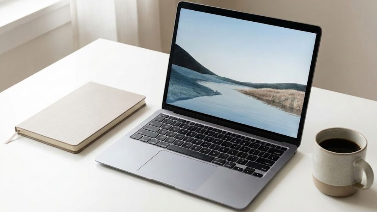 Laptop open on a desk with a notebook, representing online therapy preparation.