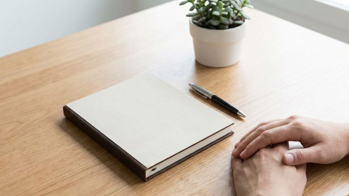 A clean, minimalist photograph of a neat home office desk with a closed notebook, a pen, and a pair of hands resting calmly beside them.