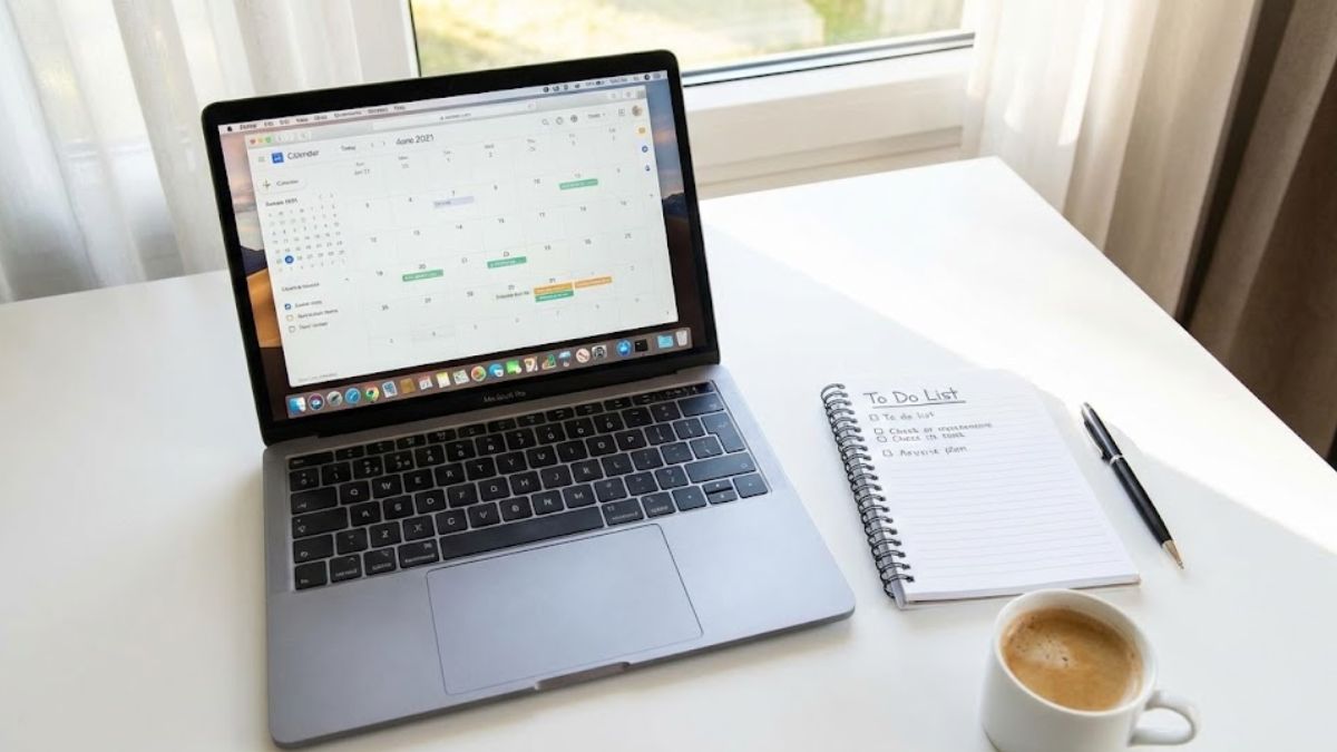 An organized home workspace with a laptop displaying a calendar, a notebook, and coffee, symbolizing the importance of routine during unemployment.