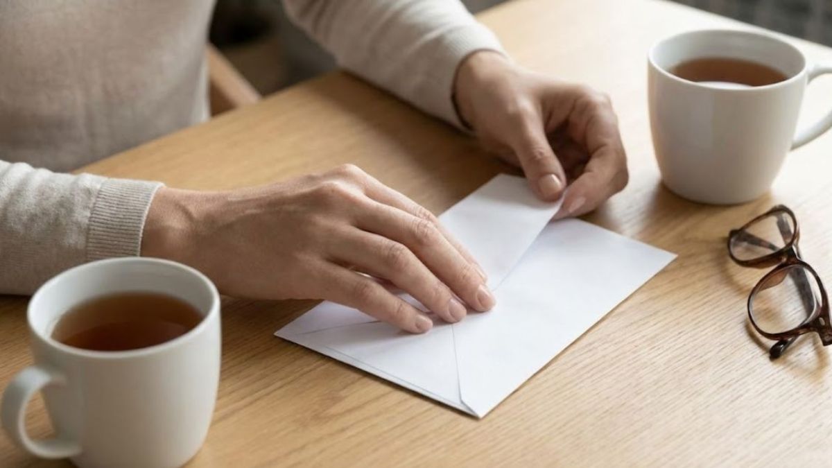 A close-up view of a person's hands calmly opening a white envelope on a wooden desk with a cup of tea nearby.