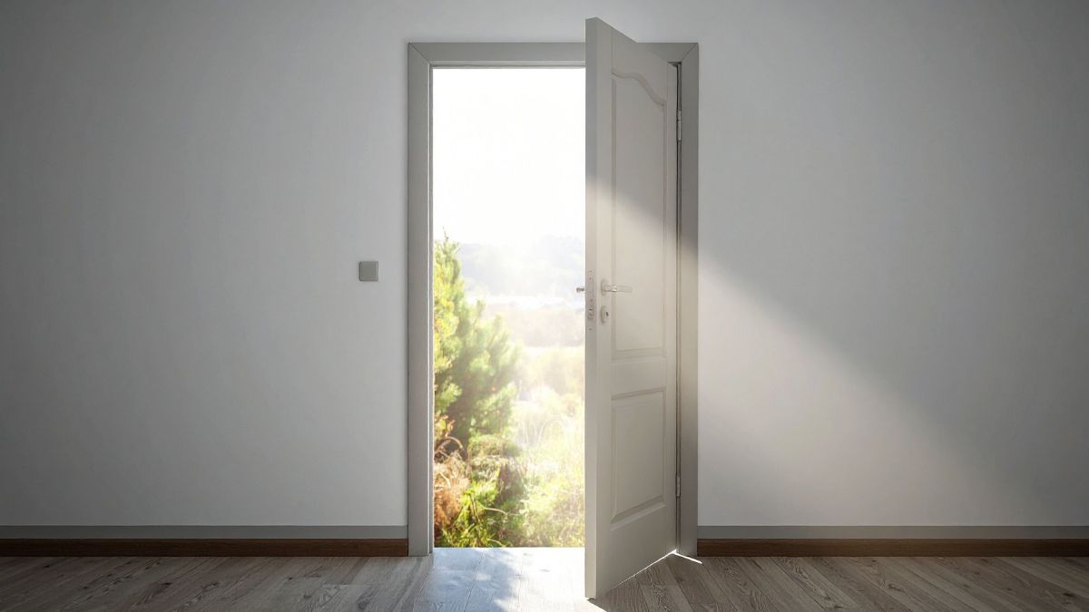 An open door leading to a bright landscape, symbolising hope and the freedom of walking away from a toxic situation.
