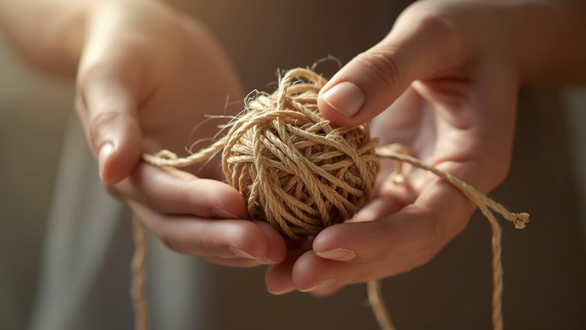Hands gently loosening a tight knot in a string, representing the start of solving a difficult problem.