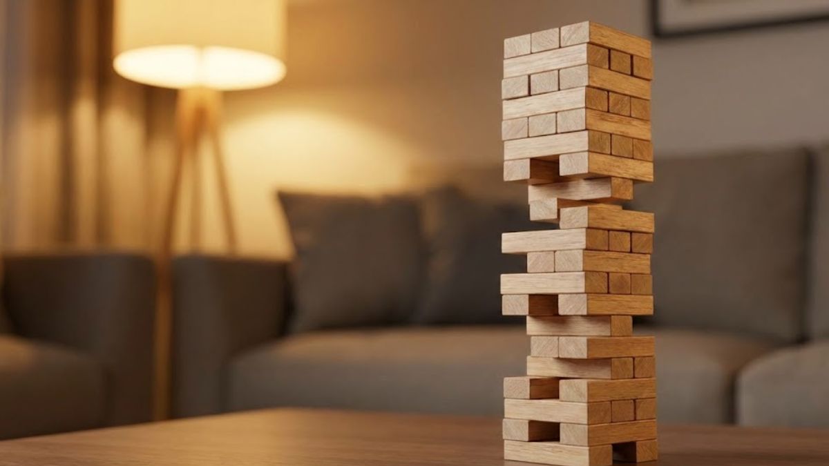 A wooden block tower with missing pieces, symbolizing the instability alcohol abuse brings to life and relationships.