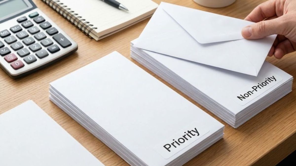 An organized desk with a calculator and two separate stacks of envelopes labeled "Priority" and "Non-Priority," with a hand placing an envelope on one stack.