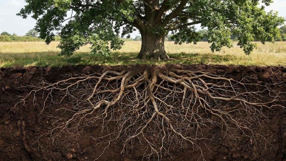 Tree roots extending deep underground, symbolising the unconscious mind and past experiences.