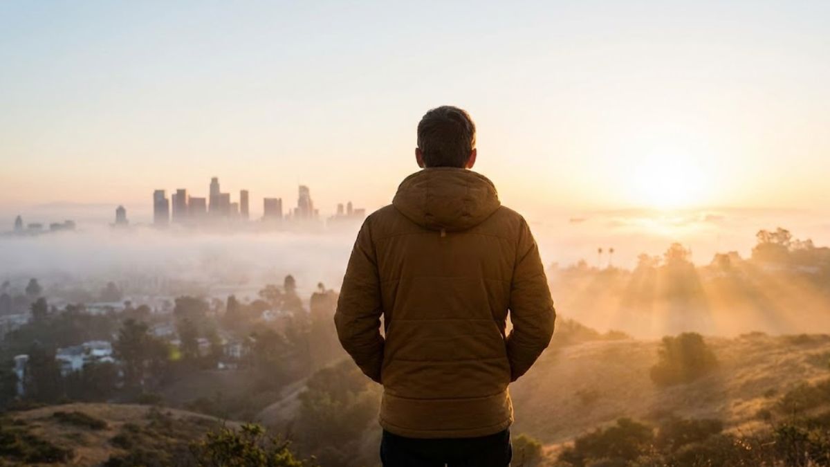A man standing on a hill watching the sun rise and fog clear over a city.