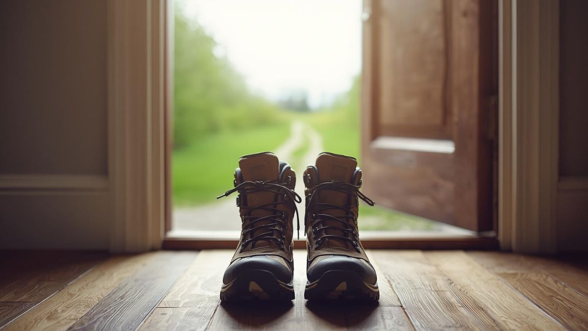Hiking boots near an open door facing a green landscape, symbolising walking away and starting a new life.