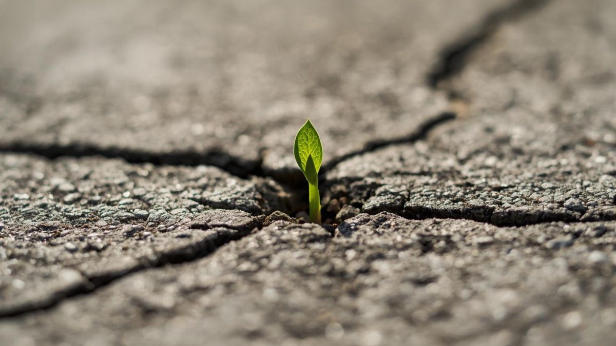 A small plant growing through concrete, symbolising resilience and recovery from mental health issues.