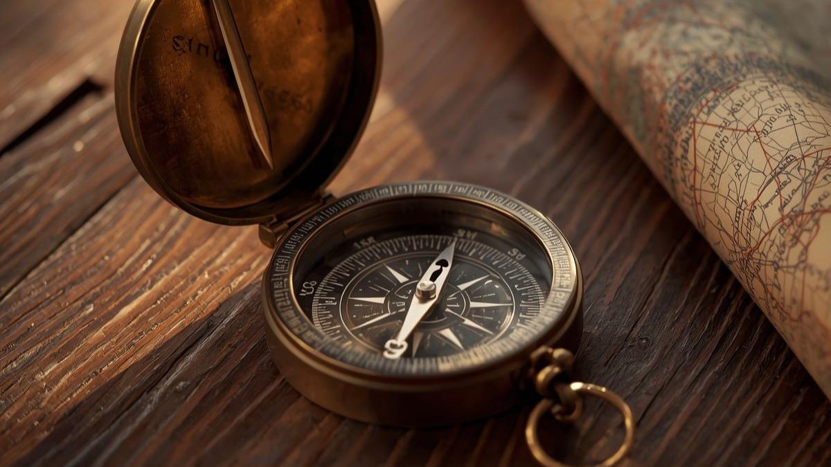 A compass and map on a table representing finding new direction after a breakup.