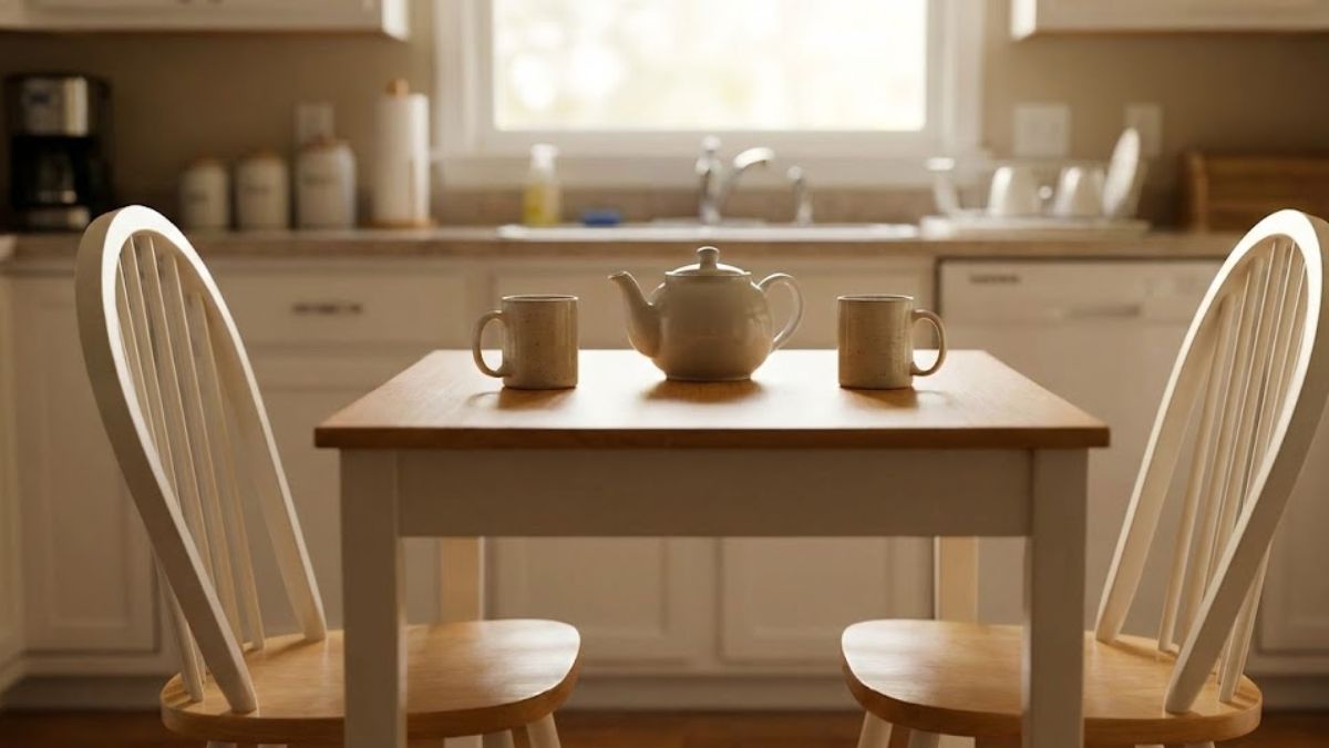 Two chairs and a tea set on a dining table, representing the importance of talking about money and relationships.