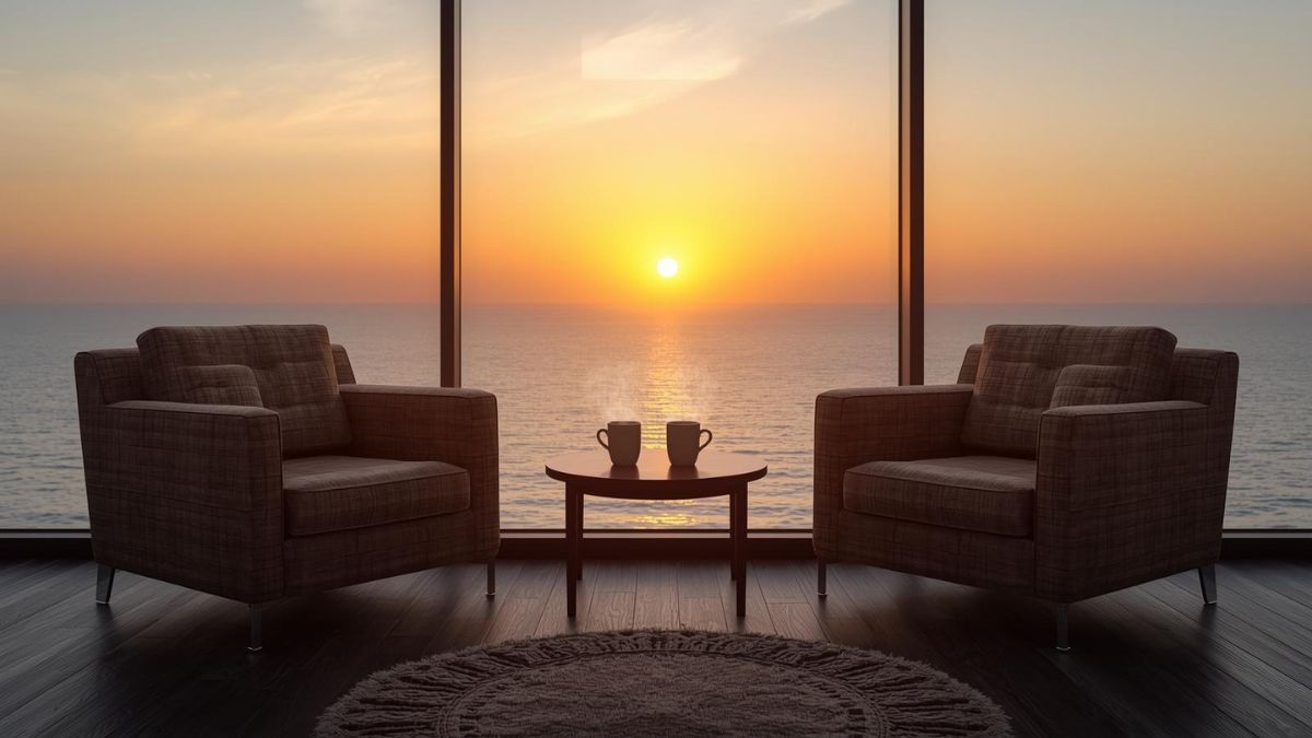 Two armchairs facing a sunrise, symbolizing hope and communication in relationships.