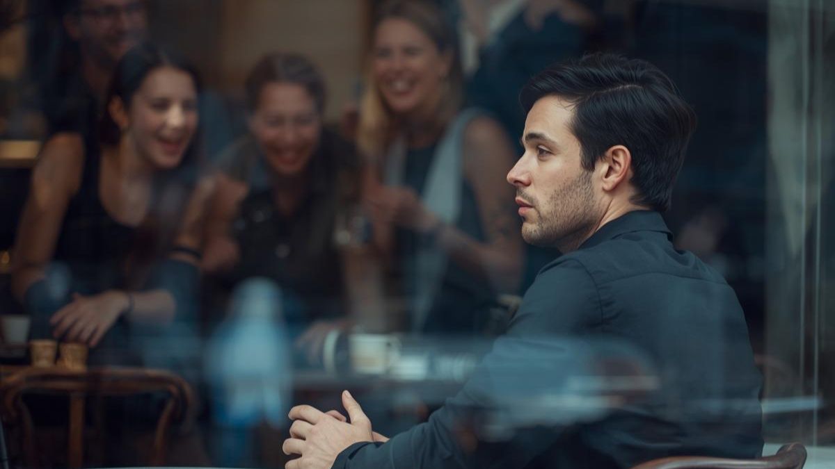 A man sitting alone in a cafe feeling isolated while others socialize in the background.