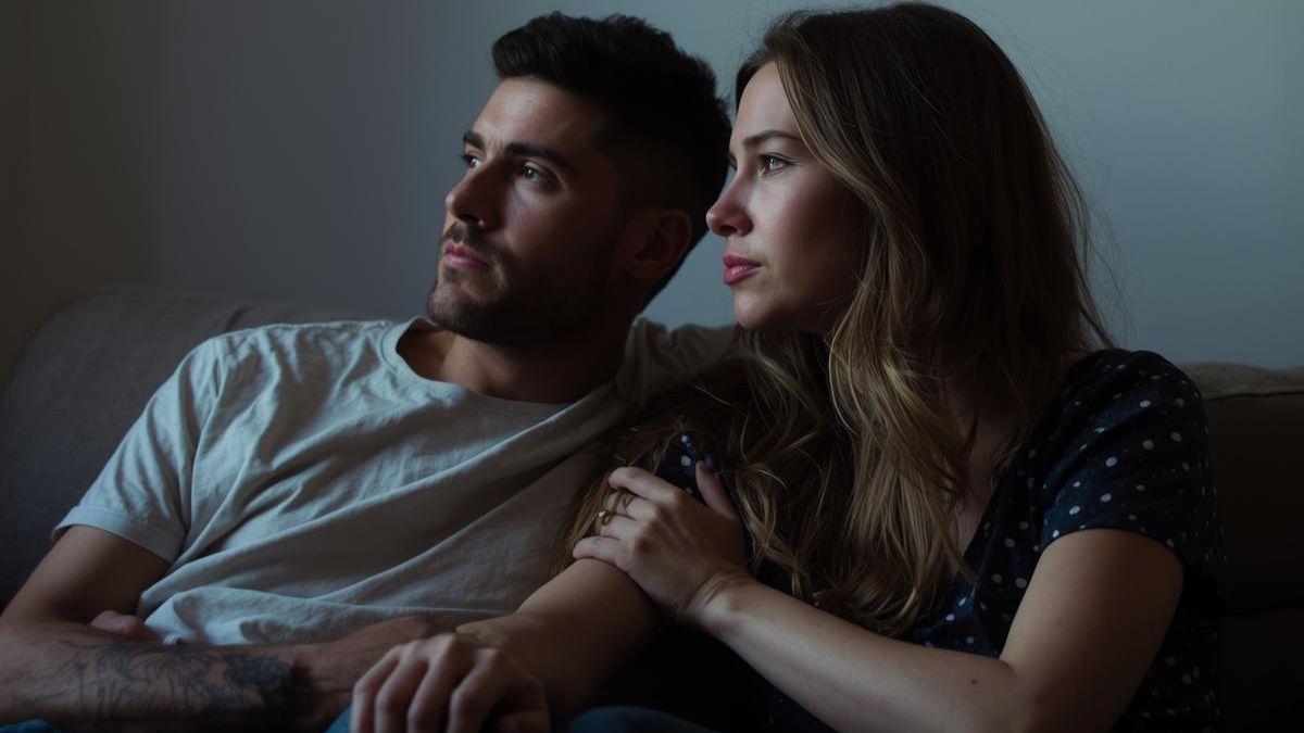 A couple sitting together on a sofa but looking disconnected, representing communication issues.