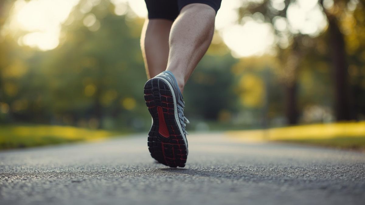 Close up of running shoes on pavement representing the physical energy of anxiety and the need for exercise.