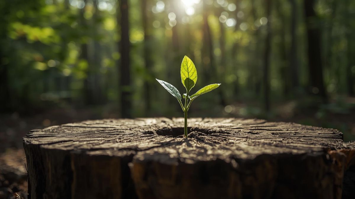A green sapling growing from an old tree stump, symbolizing hope and resilience after loss.