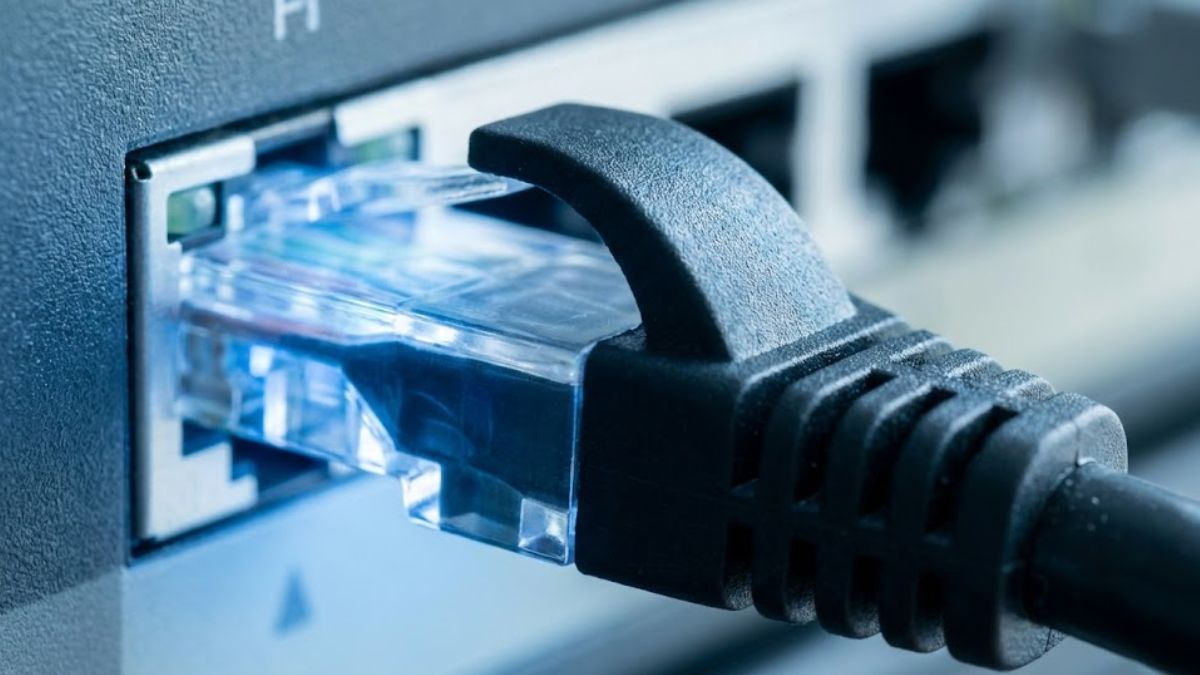 Fibre optic cable plugged in, symbolising a secure online therapy connection.