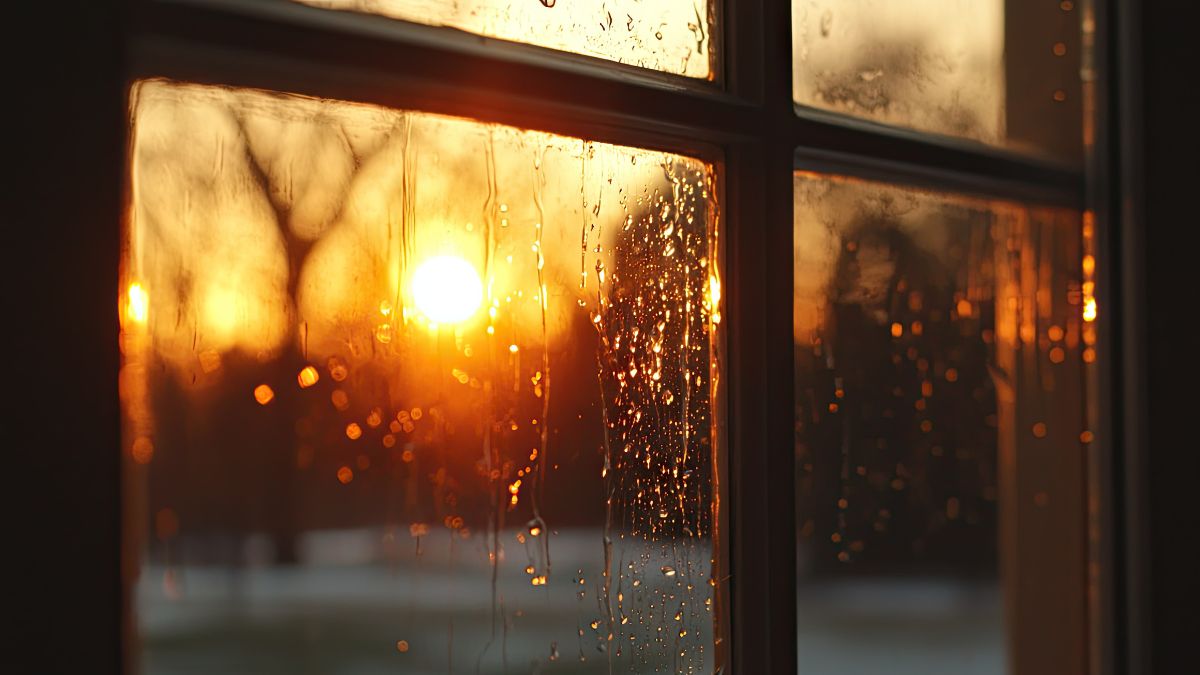 Rain on a window looking out at a clearing storm, symbolising the recognition of emotional abuse warning signs.