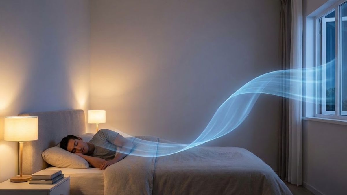 A calm, abstract representation of clear airflow in a peaceful blue environment, symbolizing unobstructed breathing during sleep.