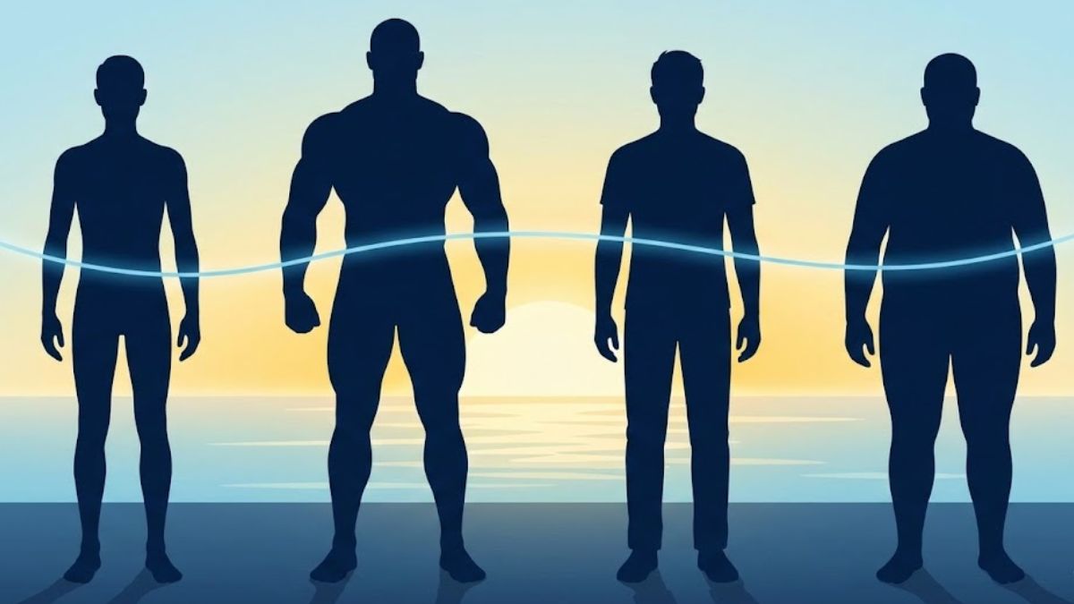A conceptual image showing silhouettes of men of various builds standing against a sunrise, illustrating that sleep issues affect all body types.