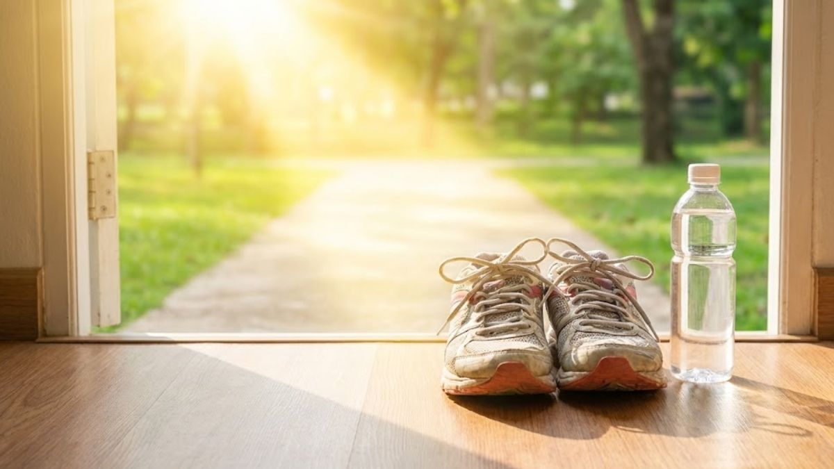 A pair of running shoes and a water bottle placed on a sunlit doorstep, representing the return of energy and motivation after successful treatment.