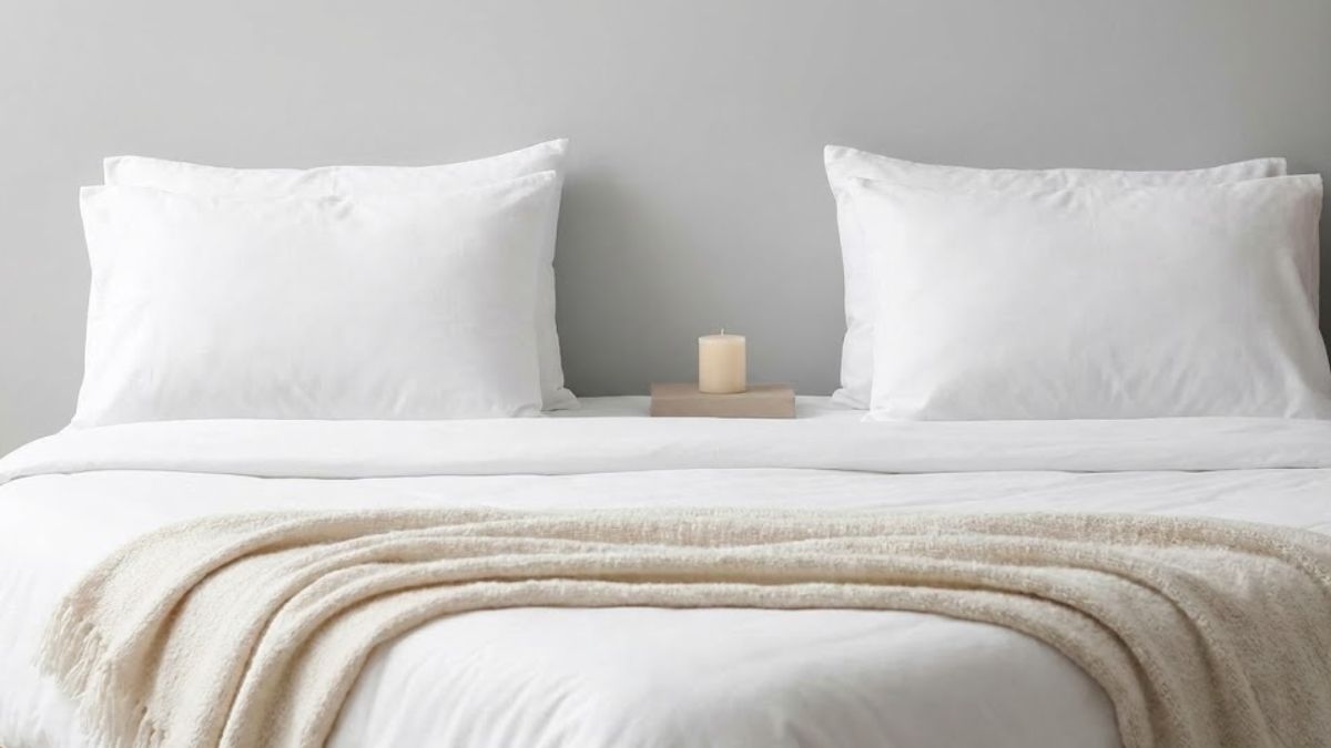 A neatly made bed with two pillows slightly separated by a gap, symbolizing the physical and emotional distance caused by sleep issues.