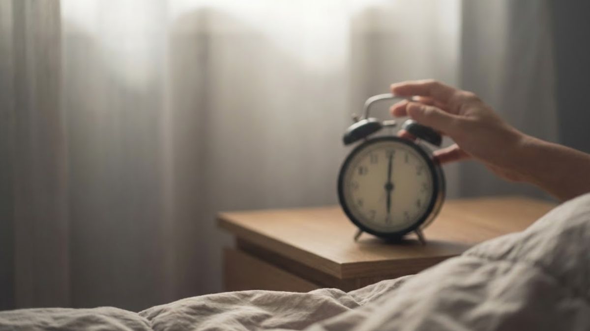 A close-up of a blurred alarm clock on a bedside table with soft, hazy morning light, representing waking up tired and unfocused.