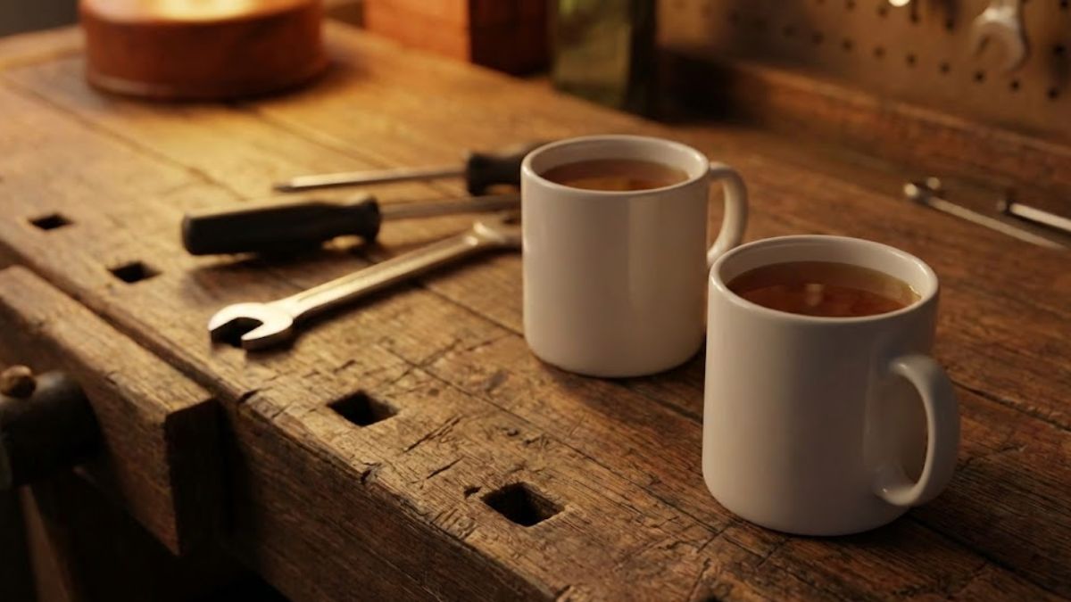 Two mugs of tea on a workbench representing men talking shoulder to shoulder.