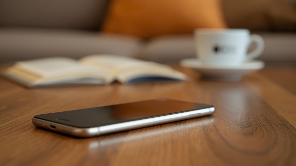 A smartphone placed face down on a wooden table, representing a break from social media addiction.