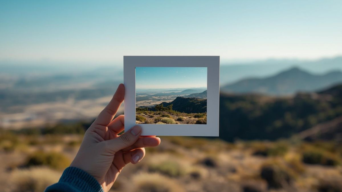 A landscape seen through a frame showing a filtered view versus the realistic view, symbolizing social media curation.
