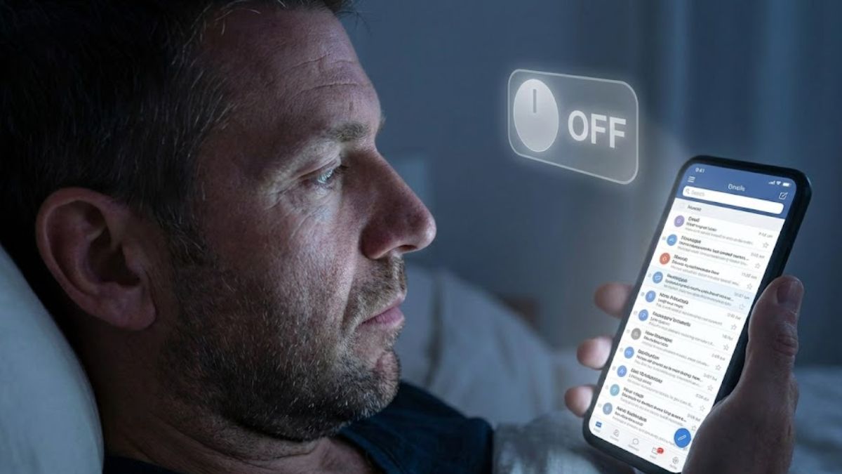 A man awake in bed late at night looking at work emails on a smartphone, with a glowing, unreachable 'OFF' switch icon floating above the device, illustrating digital hyper-arousal.