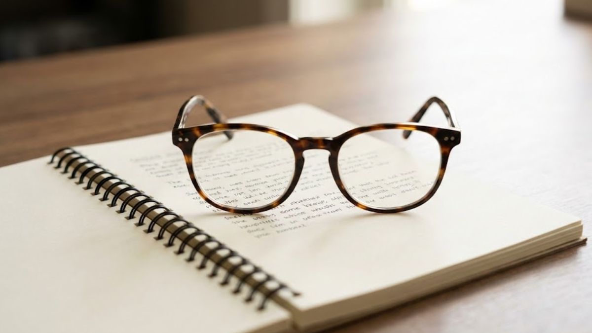 ADHD Medication Clarity Concept Eyeglasses on a notebook symbolising the focus provided by stimulant medication.