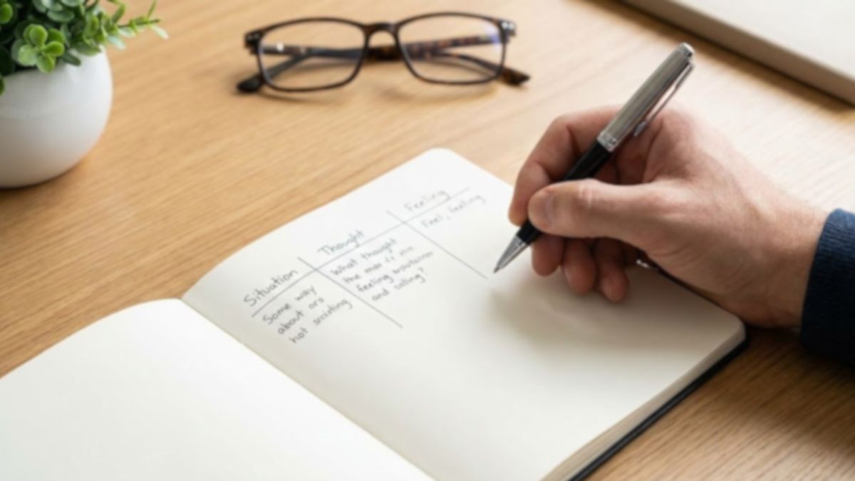 Writing in a journal as part of cognitive behavioral therapy exercises.