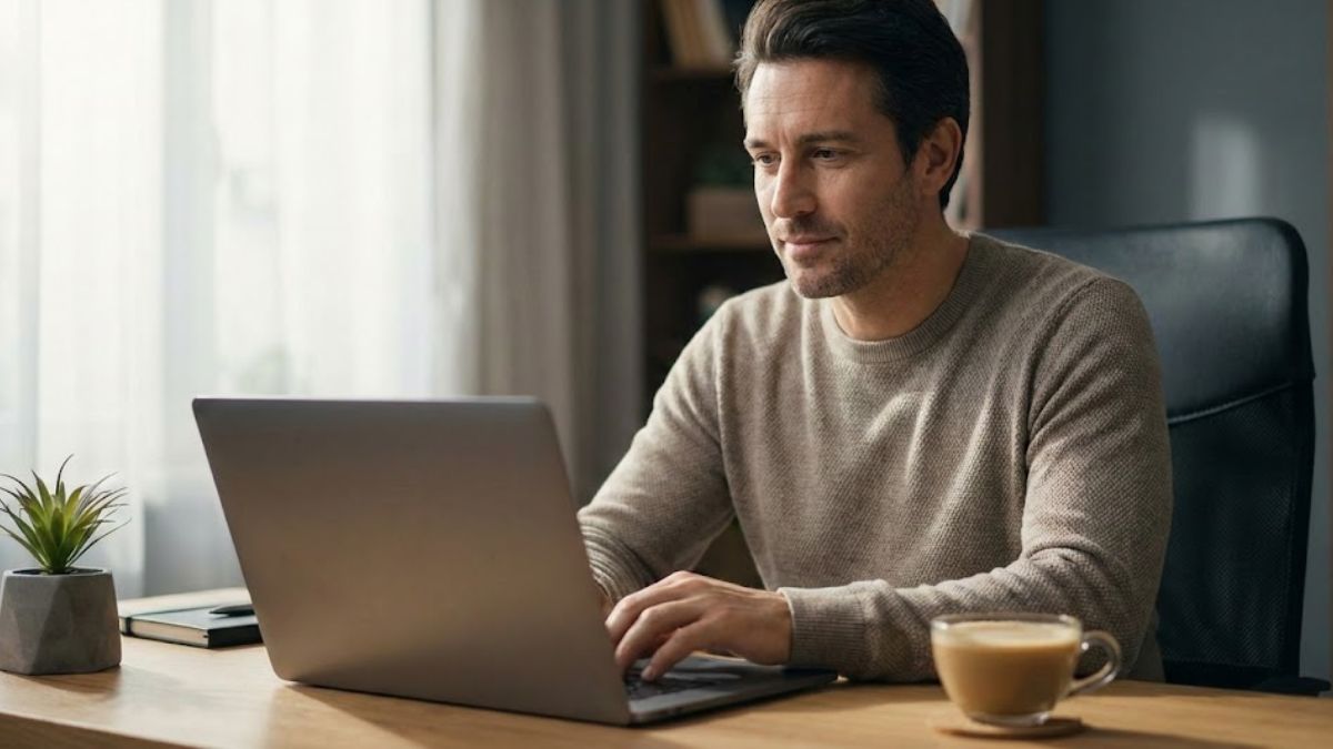Man engaging in an online therapy session from home.