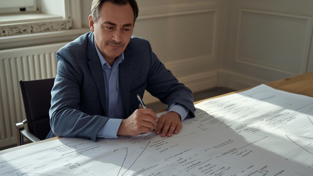 A man calmly piecing together a timeline or map of thoughts.