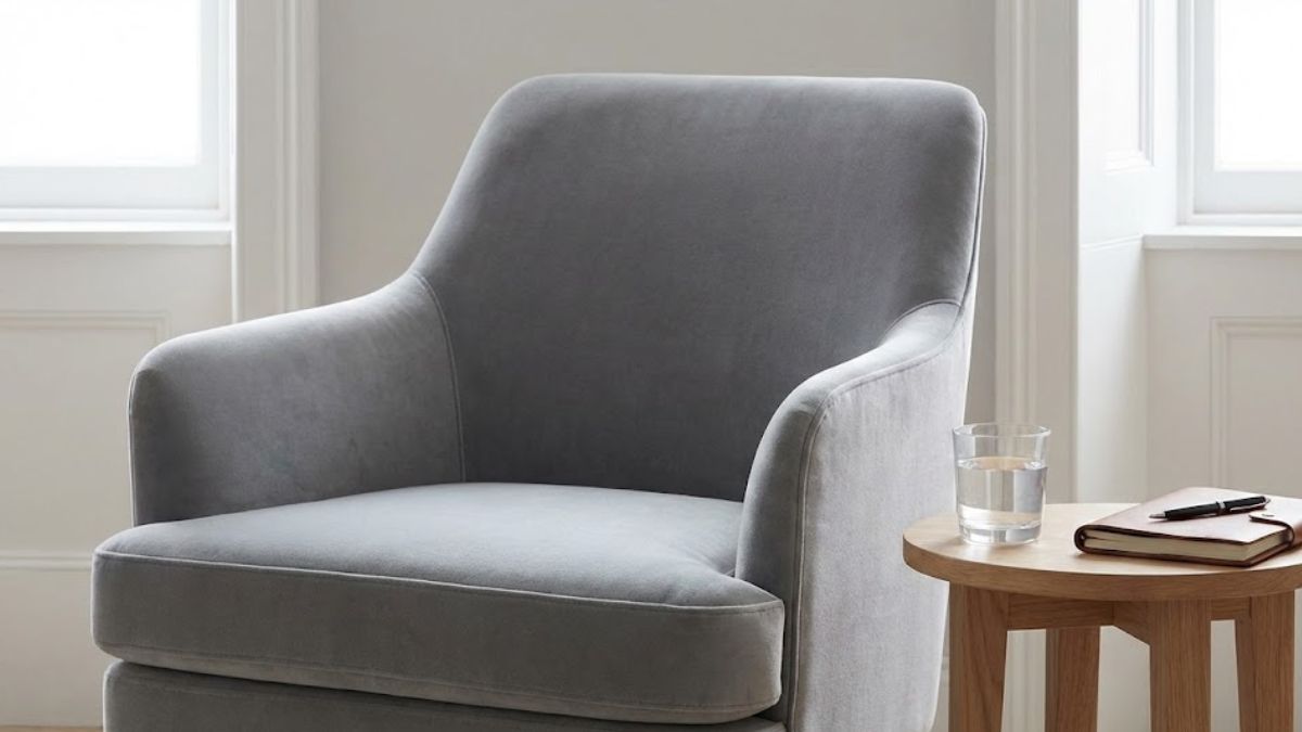 An empty comfortable chair in a therapy room, ready for a session.