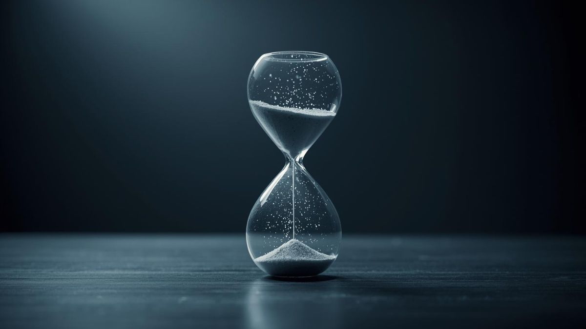 An hourglass on a desk symbolizing time lost to social media scrolling and digital distractions.