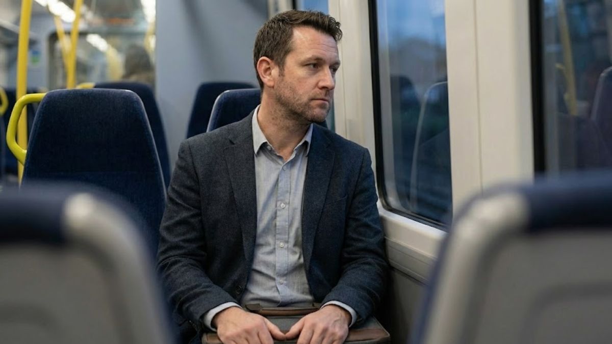 A man in a suit jacket sitting on a commuter train in the evening, looking tired and pensive as he looks out the window.