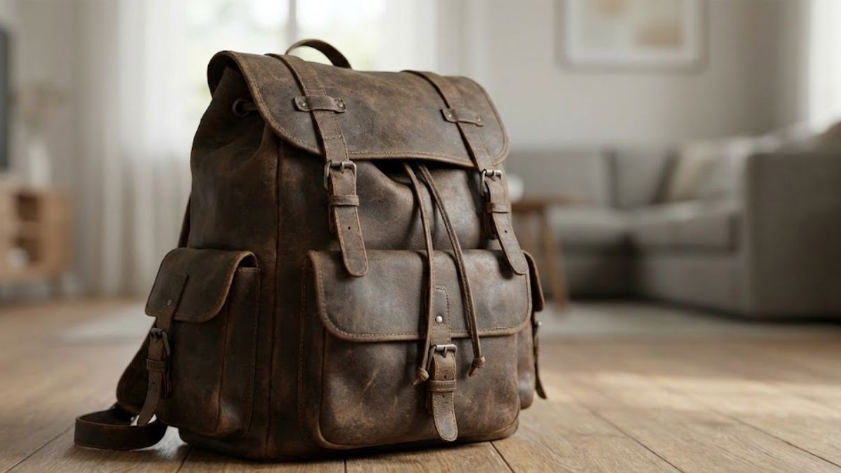 A heavy, weathered leather rucksack on a wooden floor, symbolizing the weight of emotional trauma.